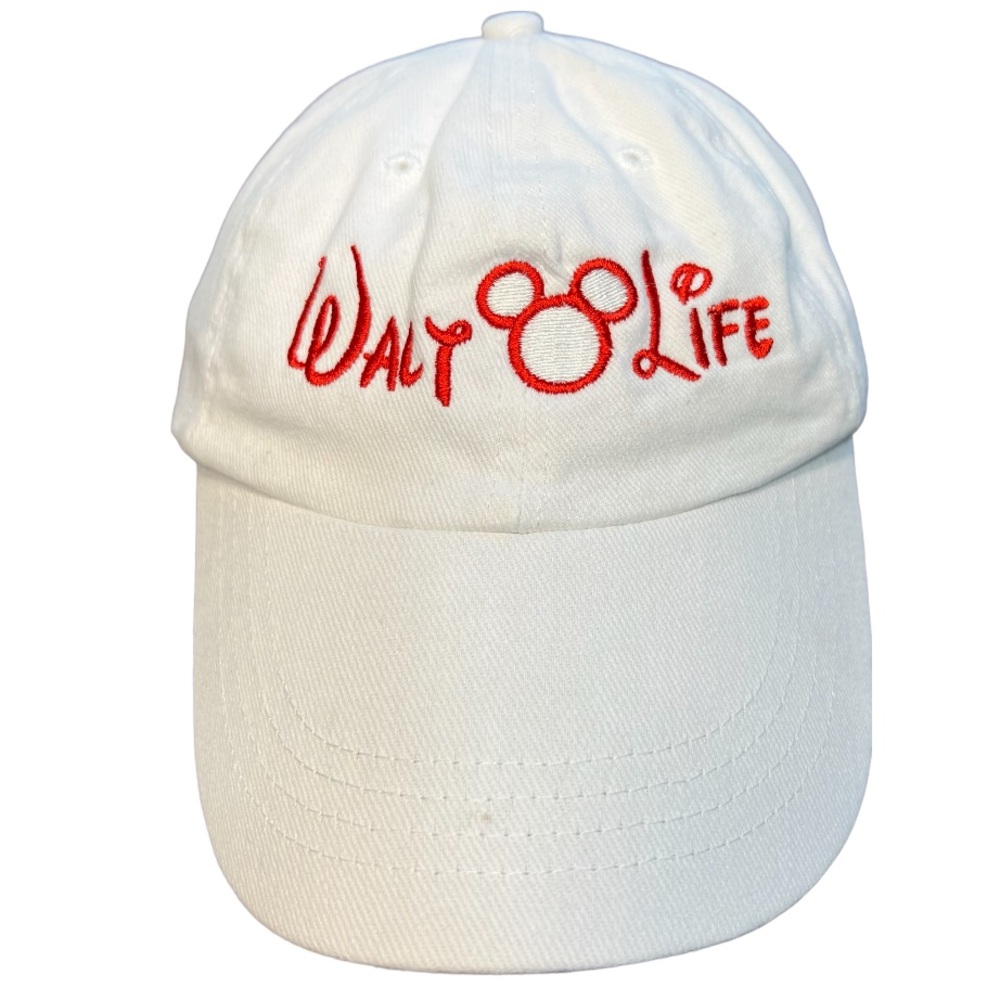 WALT LIFE Disney Themed White Cap Hat, Embroidered Red Lettering